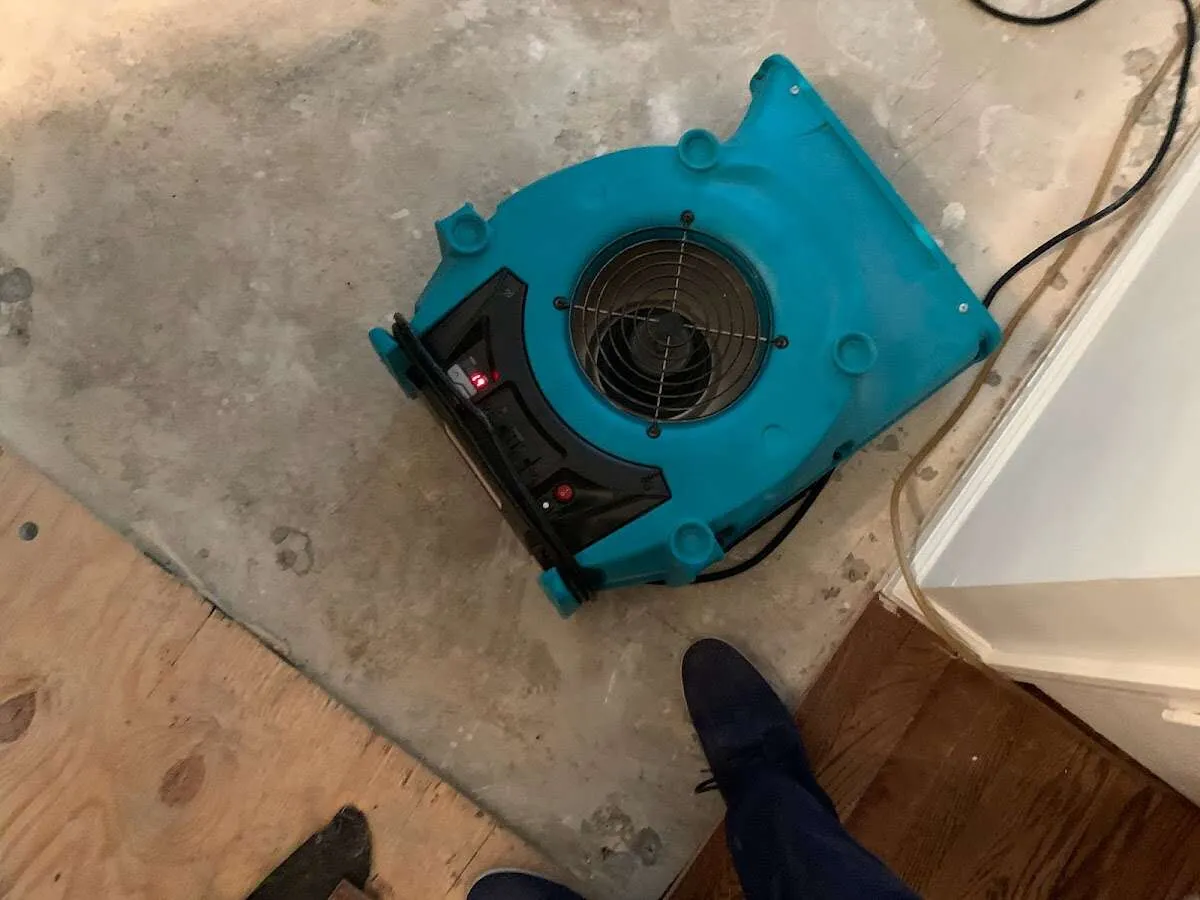 Air mover drying subfloor during Commercial Water Damage Restoration in Monroeville
